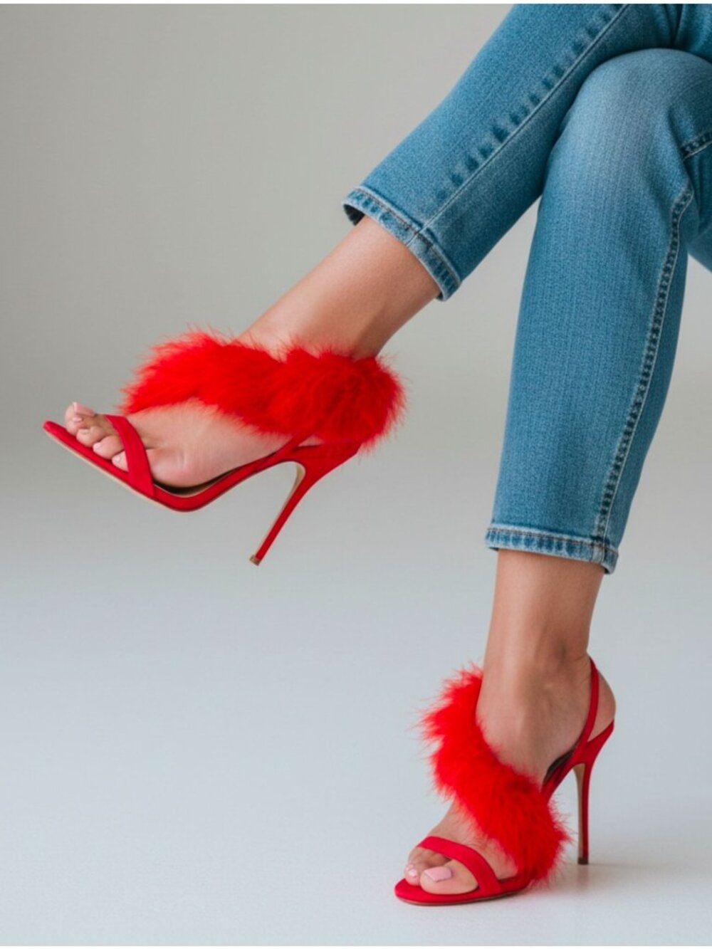 Red Fluffy Feather Strap Open-Toe Stiletto Heels For Women